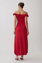 Allegra Off Shoulder Ruffle Midi Dress - Ruby