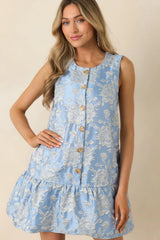 Something About Her Blue Metallic Floral Jacquard Button Front Mini Dress