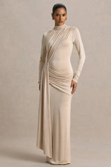 Romi | Champagne High-Neck Maxi Dress With Ruched Detailing