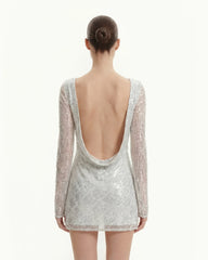 Diagonal Sequin Open-Back Long Sleeve Mini Dress - White
