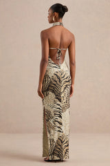 Arlise | Brown Animal Print Jersey High Neck Maxi Dress With Open Back