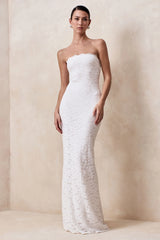 Massima | White Lace Bandeau Maxi Dress With Scarf Detail And Back Split