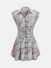 Belted Striped Floral Embroidered Shirt Dress