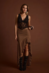 Evanna Brown High Low Ruffle Mesh Maxi Skirt
