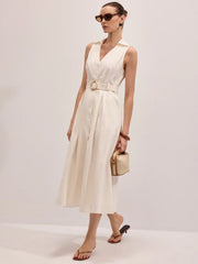 Cotton Linen Sleeveless Belted Midi Dress