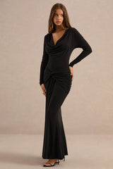 Palerma | Black Jersey Cowl Long Sleeve Maxi Dress With Gathered Detailing And Twist Panel Sash