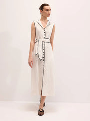 Linen Blend Contrast Piping Tie Neck Maxi Dress