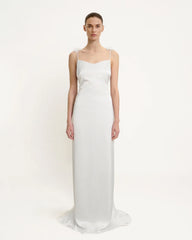 Satin Strappy Maxi Dress with Floral Streamers - White