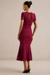 Clarissa | Burgundy Lace High Neck Short Sleeve Midi Dress