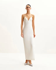Ayliua Sweetheart-Neckline Rhinestones Embellished White Long Dress - White