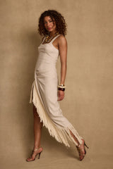Serenade Beige Linen Wrap Midi Dress
