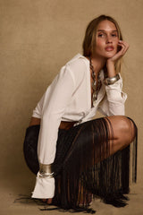 Frankie Black Satin Jacquard Fringe Midi Skirt