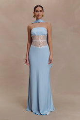 Pilar Strapless Satin And Lace Maxi Dress - Cornflower Blue