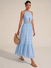 Halter Eyelet Cutout Midi Dress