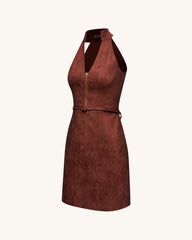 Faux Suede Halter Neck Zip-Front Mini Dress - Burgundy