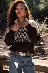 Toddy Espresso and Ivory Zip Up Sweater