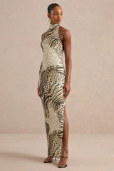 Arlise | Brown Animal Print Jersey High Neck Maxi Dress With Open Back