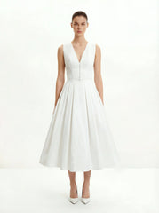 Front V-Neck Pleated Midi Dress - White