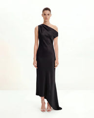 Satin Draped One-Shoulder Asymmetric Dress - Black