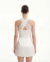 Satin Mini Dress with Tulle Cross-Halter - White