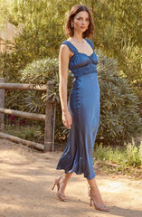 Enola Satin Smocked Midi Dress-Blue