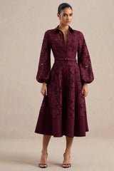 Jules | Burgundy Broderie V Neck Long Sleeve A-Line Midi Dress With Belt Detail