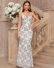 Glimmering Beauty Silver Sequin Sleeveless Column Maxi Dress