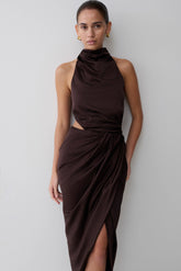 Aveline Draped Halter Midi Dress - Dark Chocolate