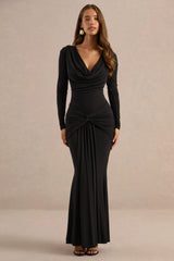 Palerma | Black Jersey Cowl Long Sleeve Maxi Dress With Gathered Detailing And Twist Panel Sash