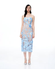 Evander 3D Floral Embroidered Maxi Dress - Blue