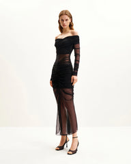 Emily Elegant Off-Shoulder Ruched Gown - Black