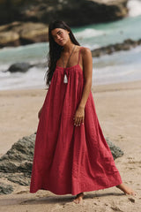 Marisol Textured Cotton Maxi Dress-Deep Cherry