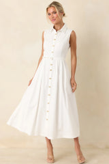 What Can I Say White Cotton Sleeveless Button Front Belted Maxi Dress