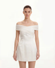 Satin Mini Dress with Tulle Cross-Halter - White