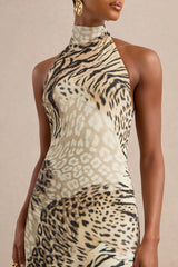 Arlise | Brown Animal Print Jersey High Neck Maxi Dress With Open Back