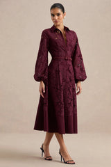 Jules | Burgundy Broderie V Neck Long Sleeve A-Line Midi Dress With Belt Detail