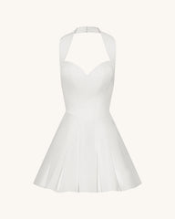 Pleated Bustier Halter Mini Dress - White