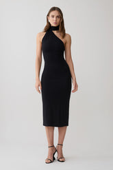 Jemma One Shoulder Tie Midi Dress - Black