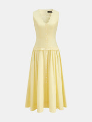 Button Front Sleeveless Cotton Linen Midi Dress