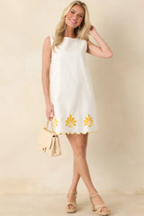 Golden Coastlines White & Yellow Embroidered Scalloped Cotton Mini Dress