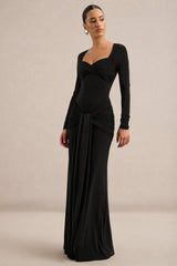 Lania | Black Jersey Sweetheart Neck Long Sleeve Maxi Dress With Gathered Detailing and Sash