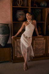 Fontaine Ivory Jacquard Fringe Midi Dress
