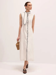 Linen Blend Contrast Piping Tie Neck Maxi Dress