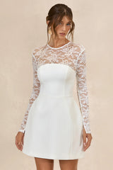 Aerin | White Lace Round Neck Long Sleeve Mini Dress With Sheer Detail