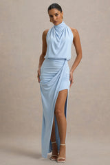 Hayden | Blue High-Neck Draped Split Maxi Dress