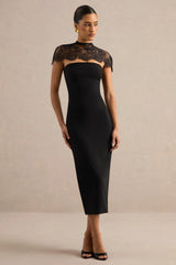 Navoria | Black Midi Dress With High Neck Detachable Short Sleeve Lace Cape