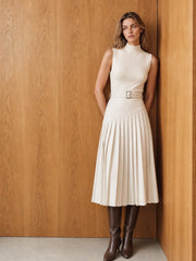 Knit Bodice Faux Leather Pleated Maxi Dress