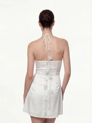 Floral Ruched Halter Mini Dress - White