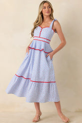 Sweet Tea in July Light Blue & Red Cotton Floral Stripe Peplum Midi Dress