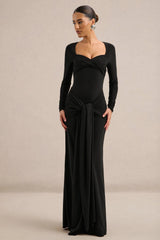 Lania | Black Jersey Sweetheart Neck Long Sleeve Maxi Dress With Gathered Detailing and Sash